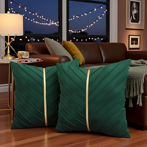 Tosleo Christmas Green Velvet Throw Pillow Covers 16 x 16 inch Pack of 2 with Gold Leather Forest Green Decorative Couch Pillowcase Luxury Modern Pillow Cover - Image 5