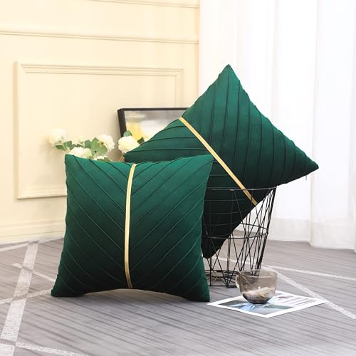 Tosleo Christmas Green Velvet Throw Pillow Covers 16 x 16 inch Pack of 2 with Gold Leather Forest Green Decorative Couch Pillowcase Luxury Modern Pillow Cover - Image 4