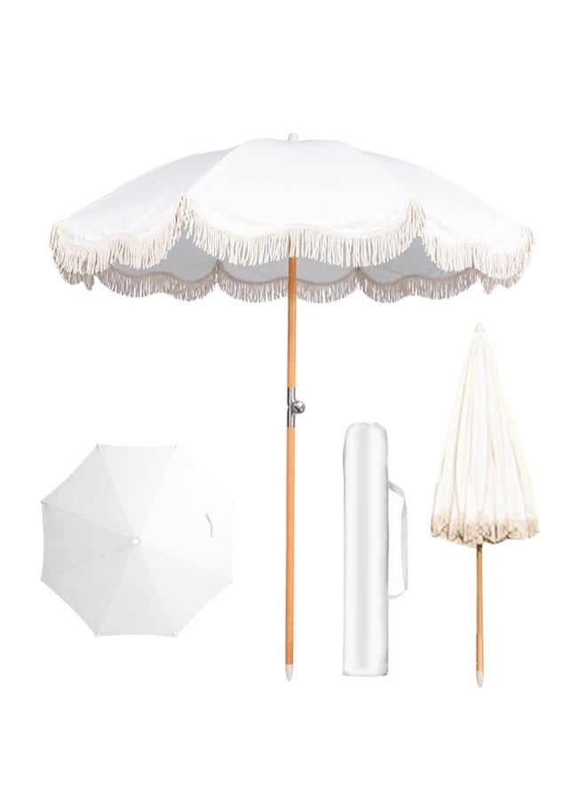 YSOAE Boho Patio Umbrella with Fringe, 6.5FT Beach Umbrella, Tilt Portable Patio Outdoor Umbrella With Carry Bag, Premium Foldable Patio Umbrella for Garden Lawn Pool Yard, White - Image 1