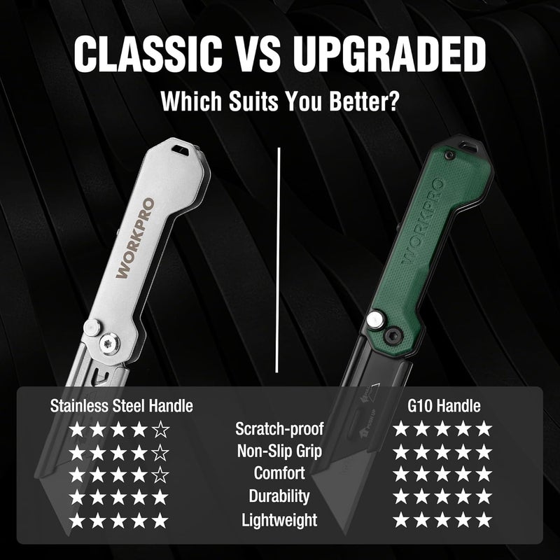 WORKPRO 3-Pack Folding Utility Knife, Compact EDC Box Cutter with G10 Handle, Axis Lock & Belt Clip, Quick Change Blade Razor Knife for Cardboard, Plastic, Cartons, Leather & Rope - Image 3