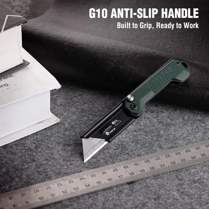 WORKPRO 3-Pack Folding Utility Knife, Compact EDC Box Cutter with G10 Handle, Axis Lock & Belt Clip, Quick Change Blade Razor Knife for Cardboard, Plastic, Cartons, Leather & Rope - Image 2