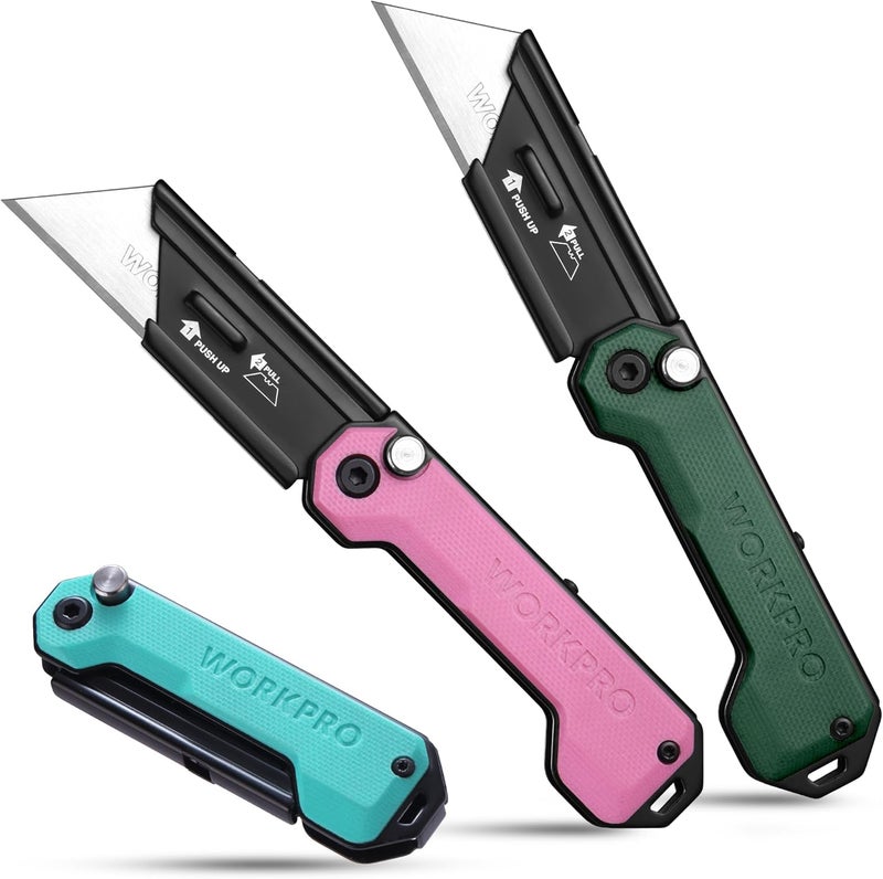 WORKPRO 3-Pack Folding Utility Knife, Compact EDC Box Cutter with G10 Handle, Axis Lock & Belt Clip, Quick Change Blade Razor Knife for Cardboard, Plastic, Cartons, Leather & Rope - Image 1