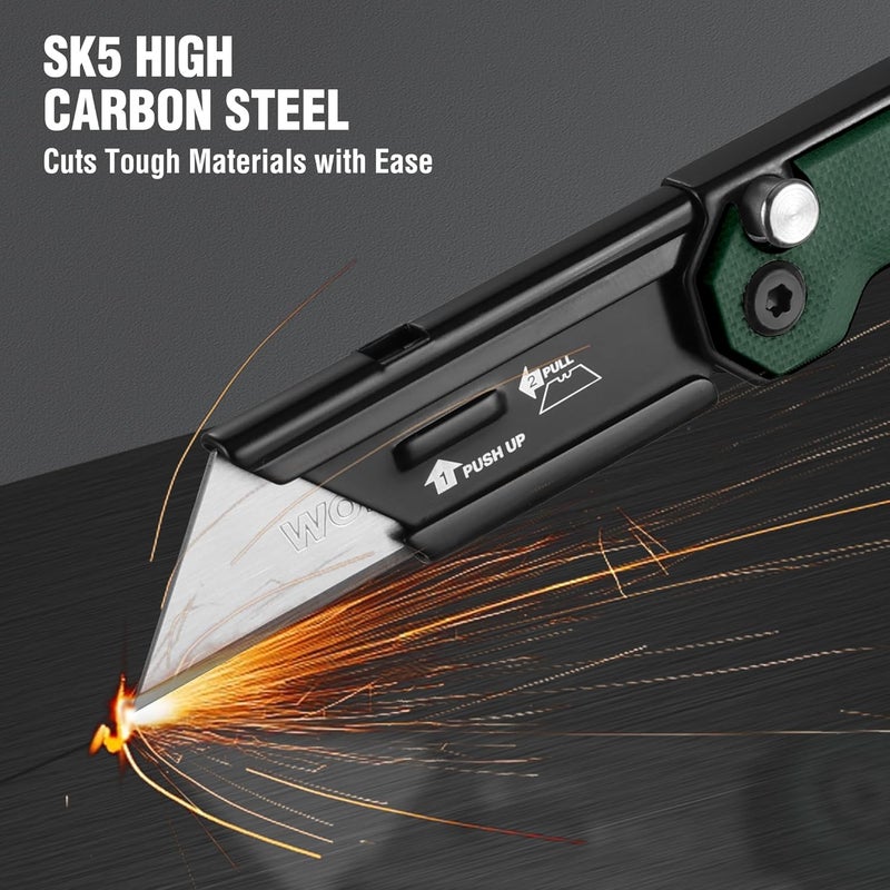 WORKPRO 3-Pack Folding Utility Knife, Compact EDC Box Cutter with G10 Handle, Axis Lock & Belt Clip, Quick Change Blade Razor Knife for Cardboard, Plastic, Cartons, Leather & Rope - Image 4