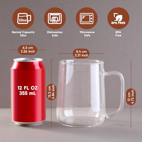 ZMZKKLL Large Glass Coffee Mugs 20 oz Glass Coffee Cups Set of 2 Clear Borosilicate Glass Mugs with Handles for Cappuccino Tea Latte HotCold Beverages Wine Americano - Image 3