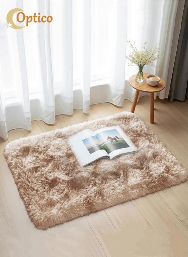 Optico Small Area Rug, 40 x 60CM Shaggy Throw Rug Bedside Rug Carpet Non-Slip Soft Runner Rug Plush Fluffy Rug Indoor Dog Mat Entryway Rug for Bedroom, Living Room, Indoor Floor Carpet, Tie Dyed Beige - Image 1