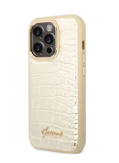 GUESS iPhone 16 Pro PU Croco Hard Case with Script Logo  / Slim Profile/ Easy Snap-On/ Comfortable Grip - Gold