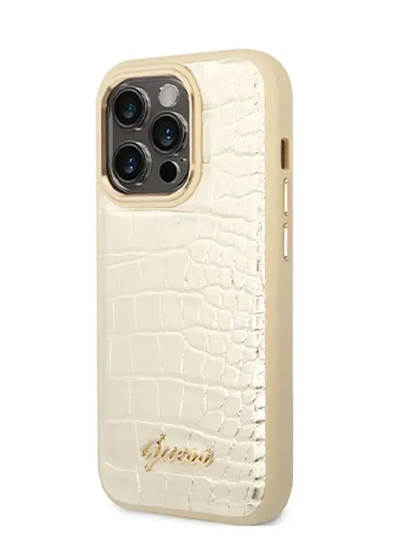 GUESS iPhone 16 Pro PU Croco Hard Case with Script Logo  / Slim Profile/ Easy Snap-On/ Comfortable Grip - Gold