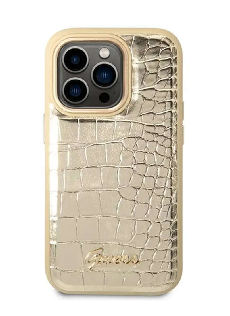 GUESS iPhone 16 Pro PU Croco Hard Case with Script Logo  / Slim Profile/ Easy Snap-On/ Comfortable Grip - Gold