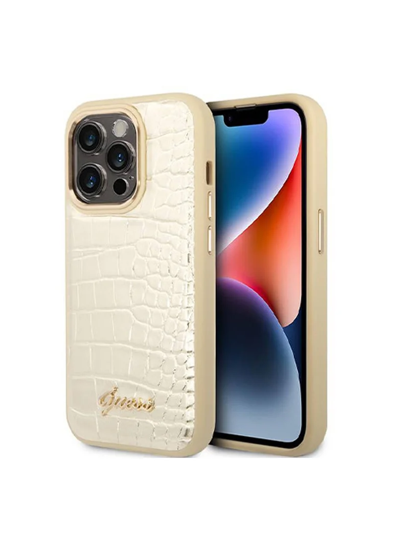 GUESS iPhone 16 Pro PU Croco Hard Case with Script Logo  / Slim Profile/ Easy Snap-On/ Comfortable Grip - Gold