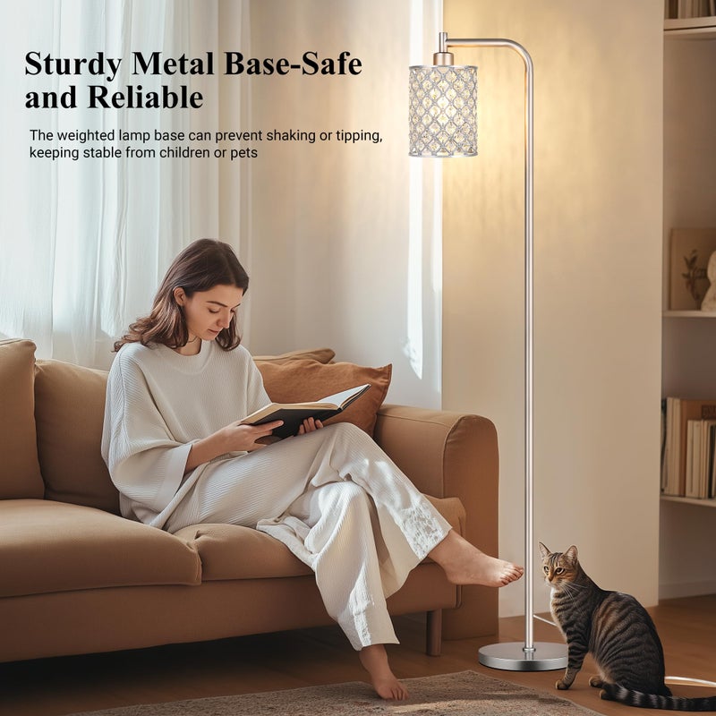 QiMH Industrial Floor Lamp for Living Room, Modern Standing Lamp with Crystal Lampshade Pedal Switch, 67â€ Tall Lamp for Bedroom Study Room, Silver (2700K LED Bulb Included) - Image 5