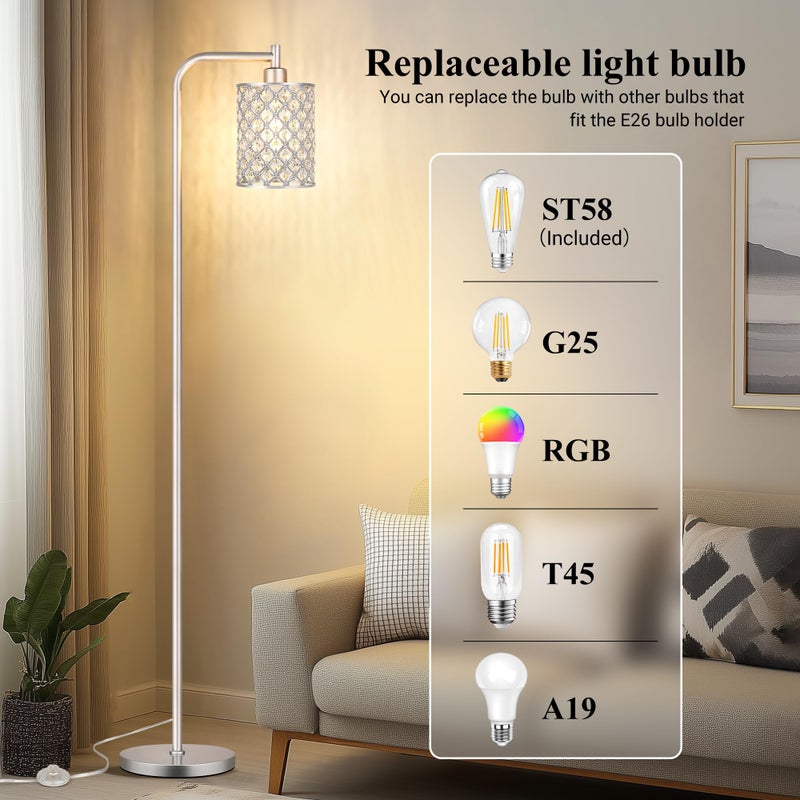 QiMH Industrial Floor Lamp for Living Room, Modern Standing Lamp with Crystal Lampshade Pedal Switch, 67â€ Tall Lamp for Bedroom Study Room, Silver (2700K LED Bulb Included) - Image 3