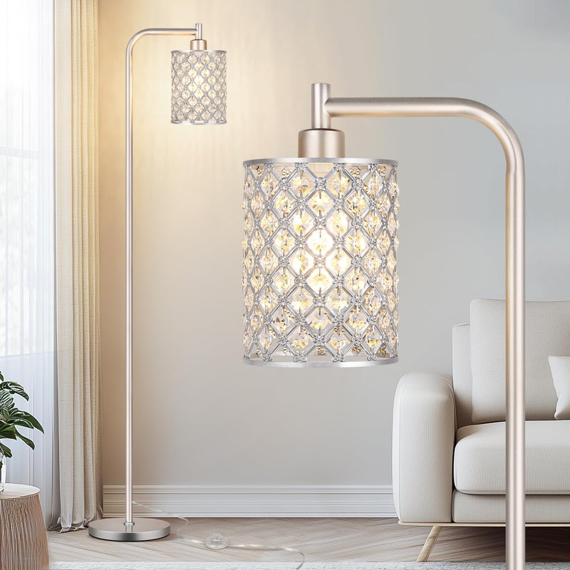 QiMH Industrial Floor Lamp for Living Room, Modern Standing Lamp with Crystal Lampshade Pedal Switch, 67â€ Tall Lamp for Bedroom Study Room, Silver (2700K LED Bulb Included) - Image 1