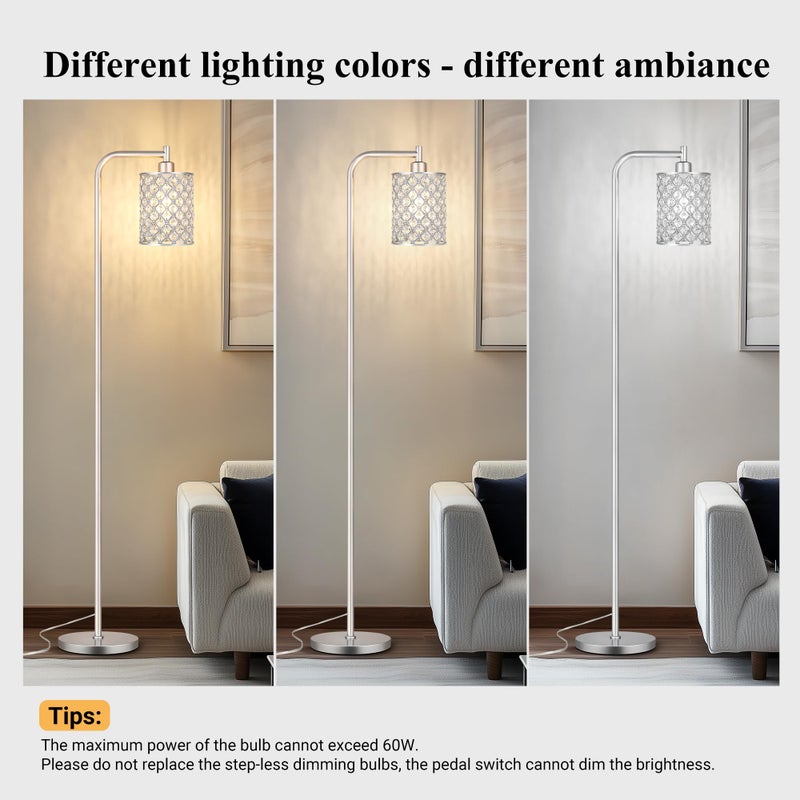 QiMH Industrial Floor Lamp for Living Room, Modern Standing Lamp with Crystal Lampshade Pedal Switch, 67â€ Tall Lamp for Bedroom Study Room, Silver (2700K LED Bulb Included) - Image 2