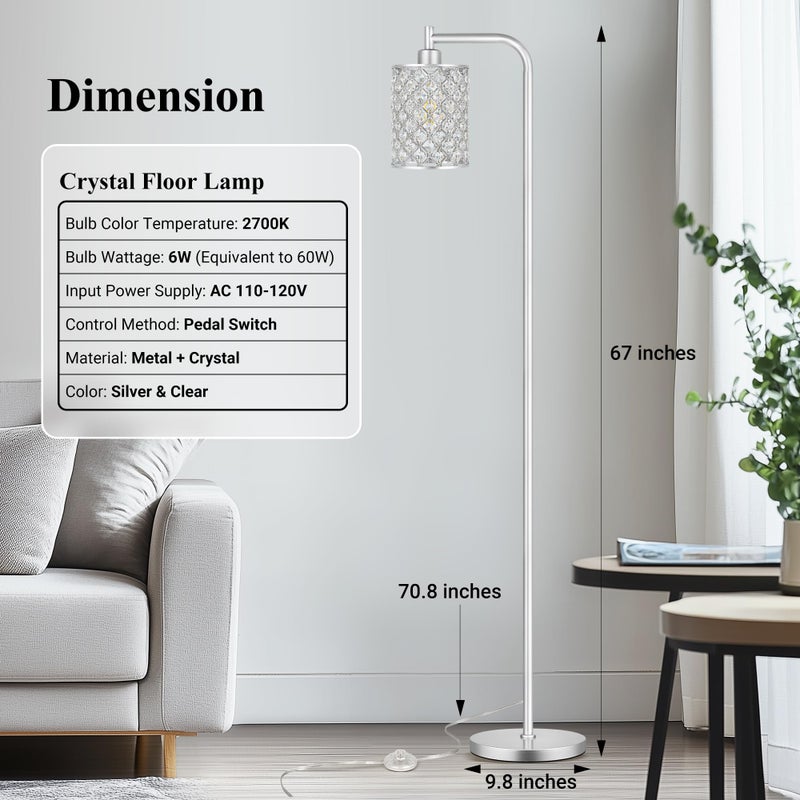 QiMH Industrial Floor Lamp for Living Room, Modern Standing Lamp with Crystal Lampshade Pedal Switch, 67â€ Tall Lamp for Bedroom Study Room, Silver (2700K LED Bulb Included) - Image 4
