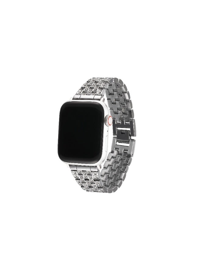 Luxury Zircon Apple Watch Band, Stainless Steel Smartwatch Strap, Adjustable iWatch Band Replacement, Compatible with 42mm/44mm/45mm/49mm Models (Series 1–9, SE, Ultra u0026 Ultra 2) — Silver - Image 1