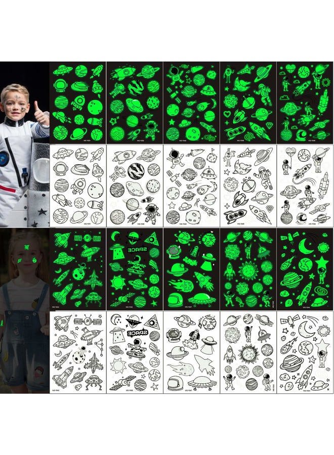 Konsait 140pcs Glow in The Dark Space Temporary Tattoo for Kids,Luminous Solar System Universe Outer Space UFO Temporary Tattoos for Boys Girls Stockings Stuffers Goody Filler Birthday Party Favor  - Image 1