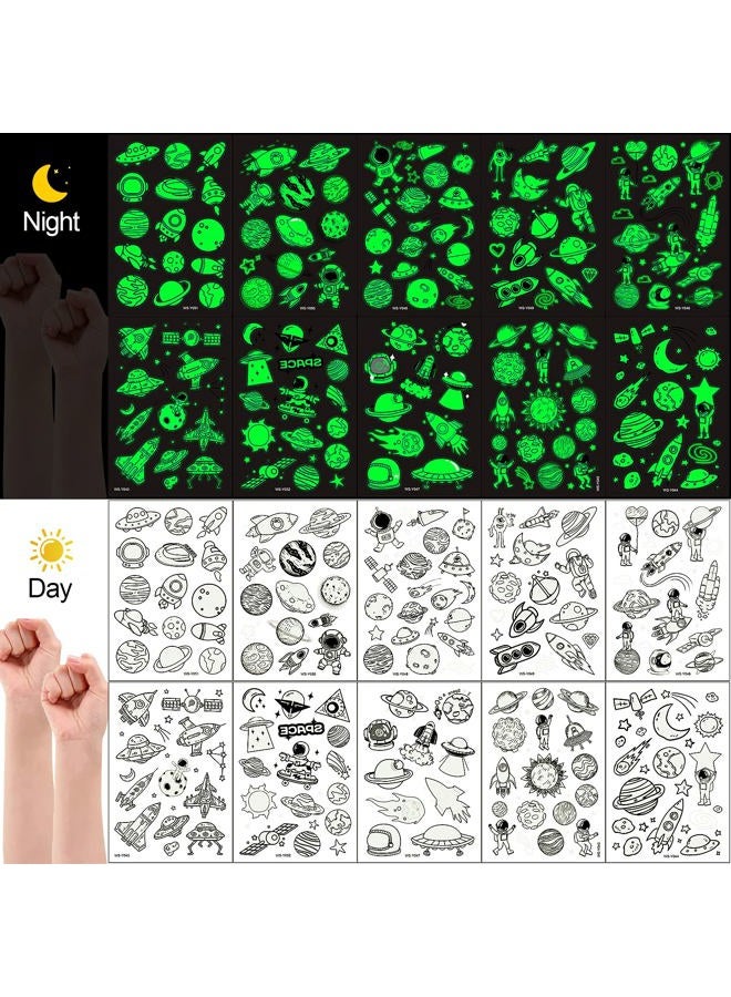 Konsait 140pcs Glow in The Dark Space Temporary Tattoo for Kids,Luminous Solar System Universe Outer Space UFO Temporary Tattoos for Boys Girls Stockings Stuffers Goody Filler Birthday Party Favor  - Image 5