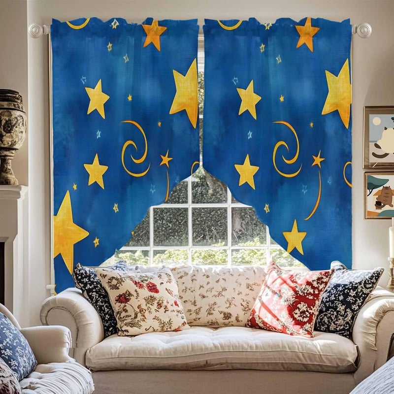 Swag Curtain Valance for Windows Gold Star Kitchen Valance Rod Pocket Blue Starry Sky Swag Curtains for Kitchen Windows Bathroom Bedroom Window Treatment 72" W x 36" L - Image 2