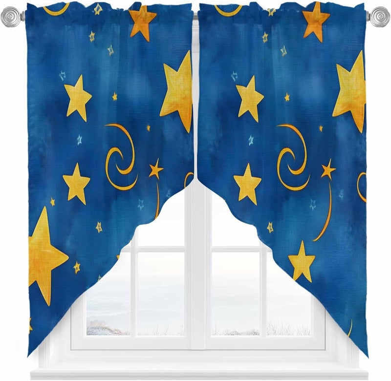 Swag Curtain Valance for Windows Gold Star Kitchen Valance Rod Pocket Blue Starry Sky Swag Curtains for Kitchen Windows Bathroom Bedroom Window Treatment 72" W x 36" L - Image 1