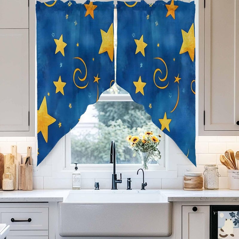 Swag Curtain Valance for Windows Gold Star Kitchen Valance Rod Pocket Blue Starry Sky Swag Curtains for Kitchen Windows Bathroom Bedroom Window Treatment 72" W x 36" L - Image 4