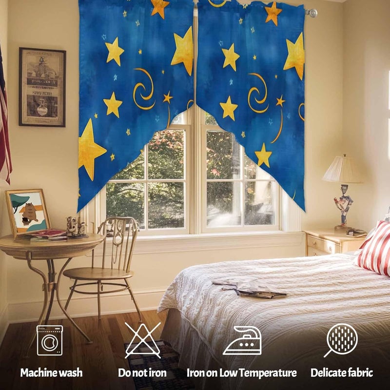 Swag Curtain Valance for Windows Gold Star Kitchen Valance Rod Pocket Blue Starry Sky Swag Curtains for Kitchen Windows Bathroom Bedroom Window Treatment 72" W x 36" L - Image 3