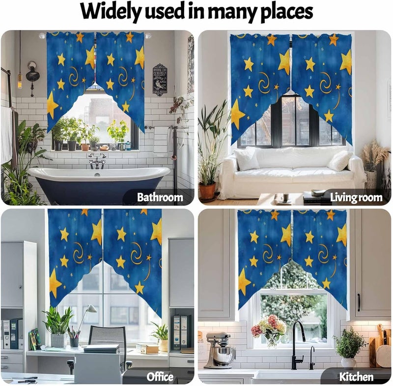 Swag Curtain Valance for Windows Gold Star Kitchen Valance Rod Pocket Blue Starry Sky Swag Curtains for Kitchen Windows Bathroom Bedroom Window Treatment 72" W x 36" L - Image 5