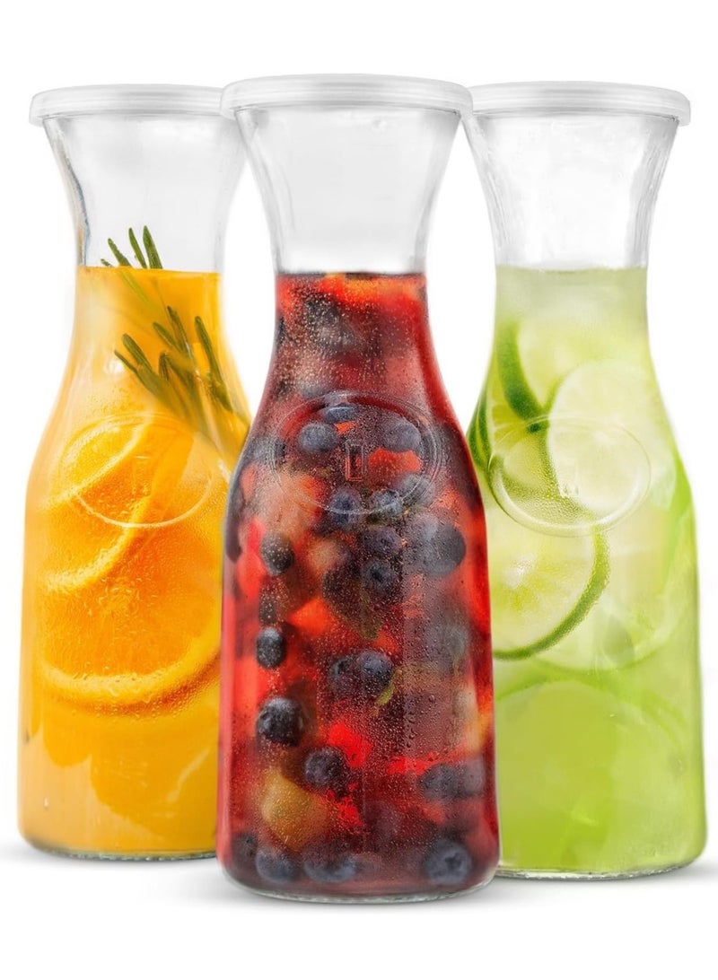HOME ZONE Set of 3 Glass Water Pitcher Drink Dispensers for Parties Tea and Juice with Plastic Lids Dishwasher Safe 1 Litre (Random Colour Lids) - Image 1