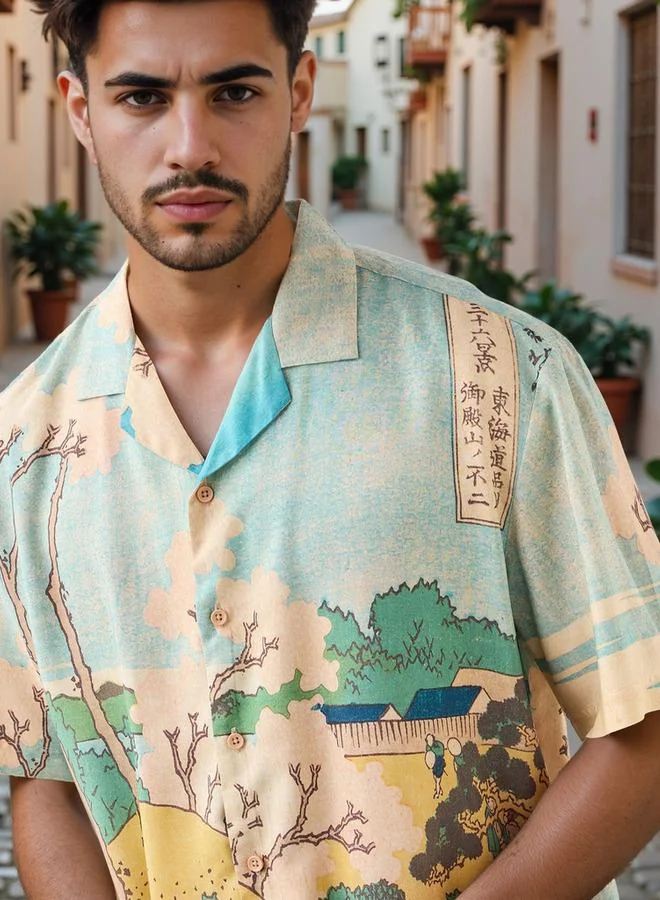 SP Characters Graphic Print Camp Collar Shirt with Short Sleeves