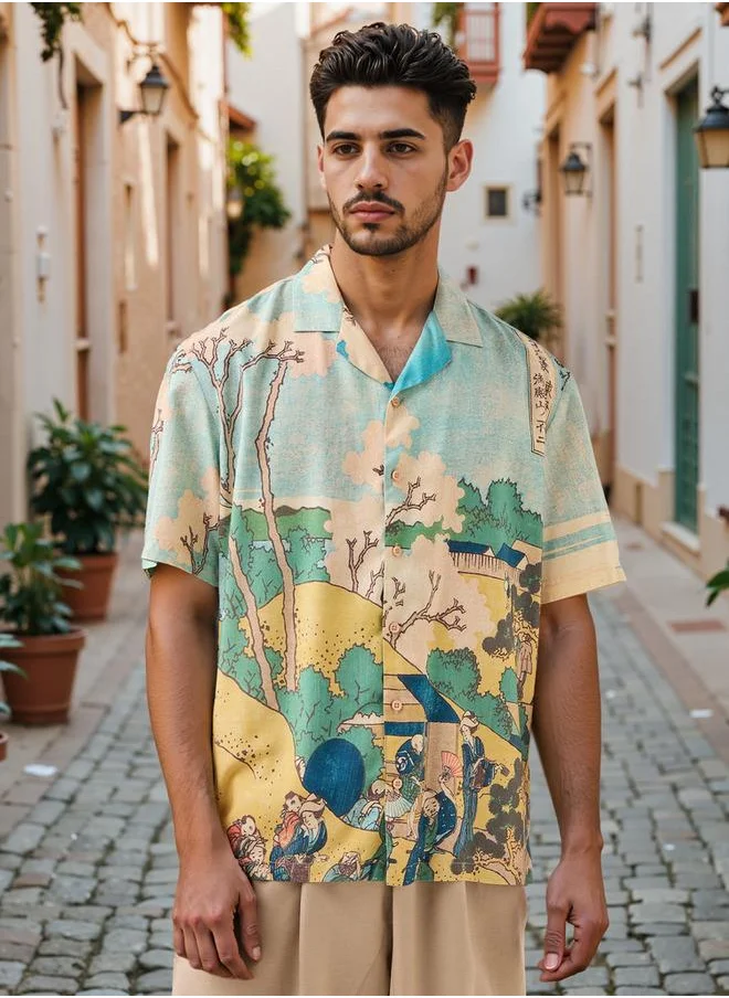 اس بي كاركترز Graphic Print Camp Collar Shirt with Short Sleeves