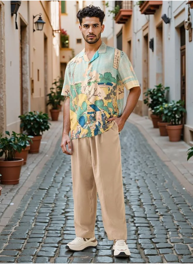 اس بي كاركترز Graphic Print Camp Collar Shirt with Short Sleeves
