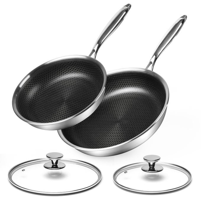 TRIPLY STAINLESS STEEL FRYING PAN SETS 24 28 CM NONSTICK HONEYCOMB FRYING PAN WITH LID SCRATCHRESISTANT SKILLET WSTAY COOL HANDLE INDUCTION COMPATIBLE PFOA FREE