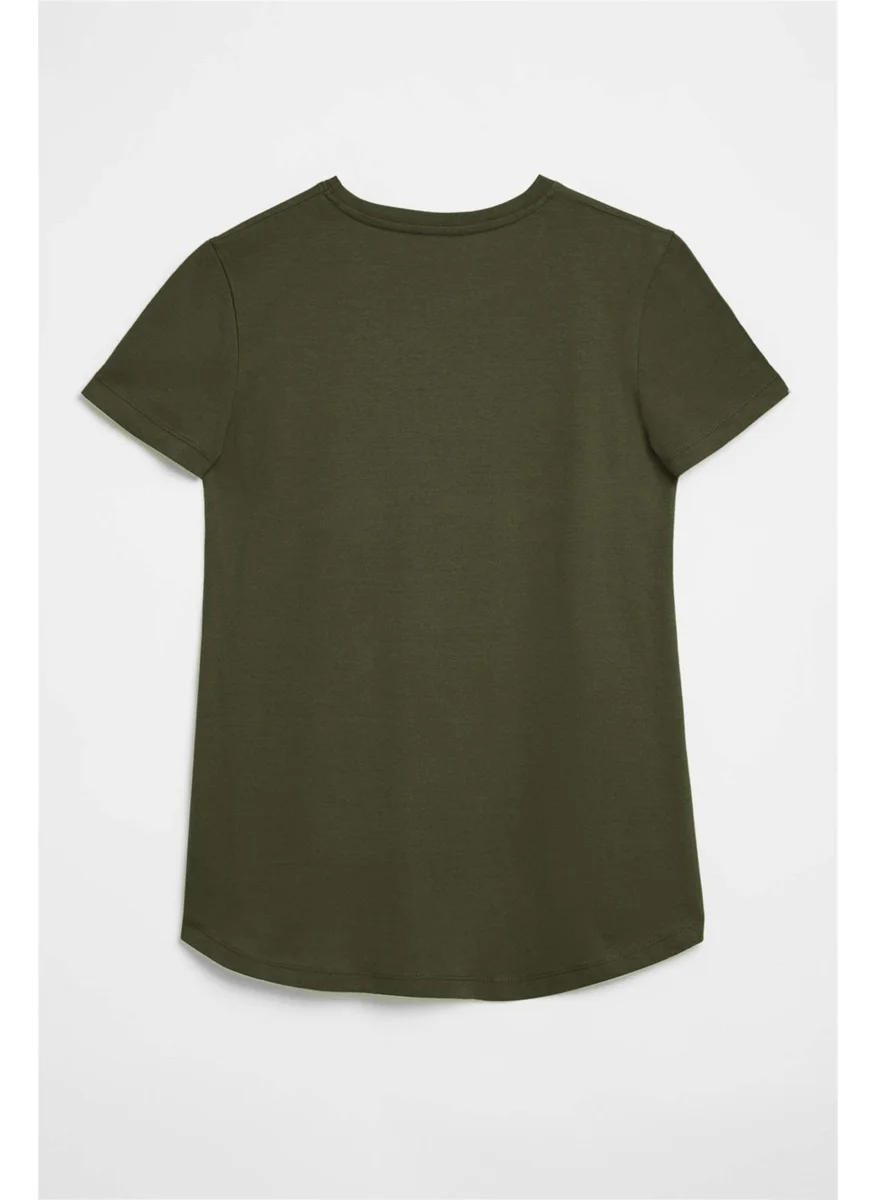 جريميلانج Samantha Women's Crew Neck Cotton Short Sleeve Khaki T-Shirt