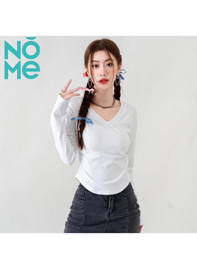 Nome Nome Women's New V-neck Pleated Long Sleeve T-shirt Slim Fit Basic Top White S - Image 4