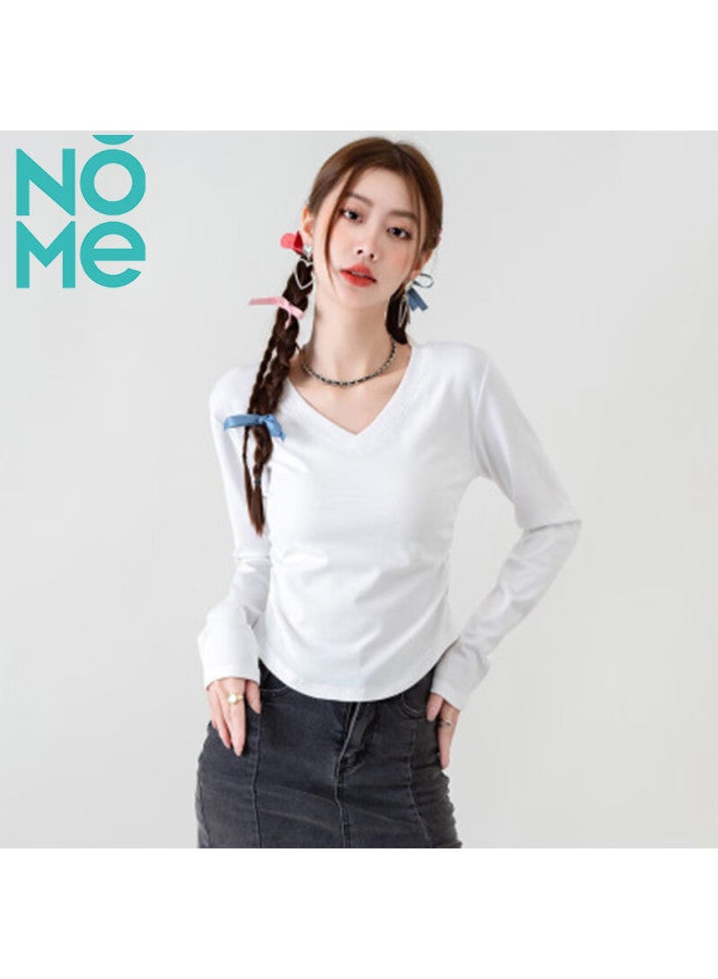 Nome Nome Women's New V-neck Pleated Long Sleeve T-shirt Slim Fit Basic Top White S - Image 1