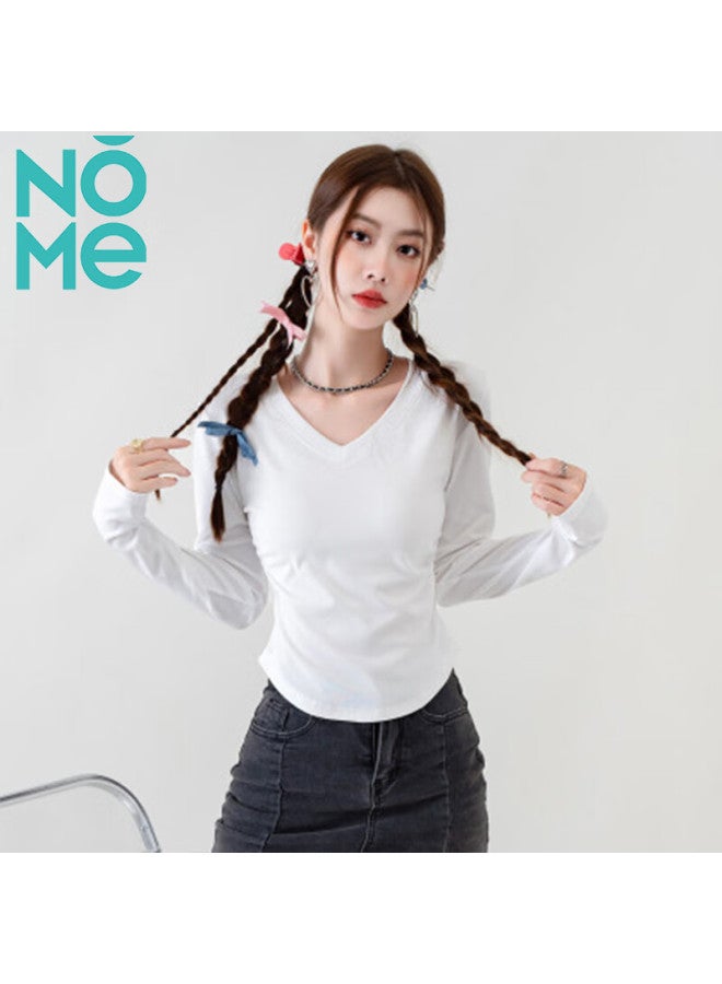 Nome Nome Women's New V-neck Pleated Long Sleeve T-shirt Slim Fit Basic Top White S - Image 3