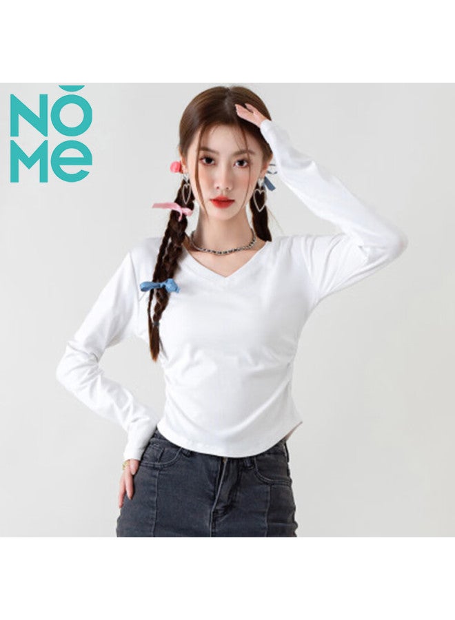 Nome Nome Women's New V-neck Pleated Long Sleeve T-shirt Slim Fit Basic Top White S - Image 2