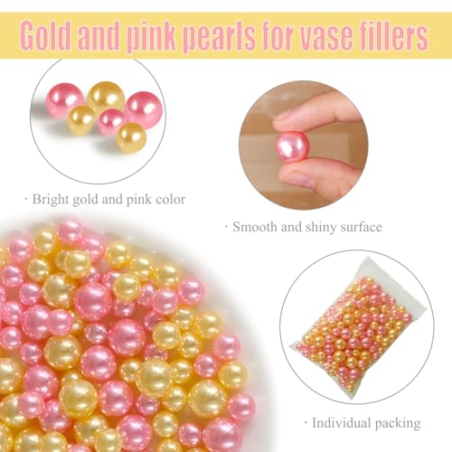Cymtoo 140 Pieces Floating Pearls for Vase Filler Pearl Beads No Hole Vase Pearls Makeup Beads for Brushes Holder, Home Wedding Decor 10/14mm(Gold, Pink) - Image 2