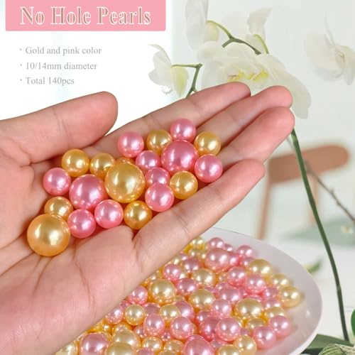 Cymtoo 140 Pieces Floating Pearls for Vase Filler Pearl Beads No Hole Vase Pearls Makeup Beads for Brushes Holder, Home Wedding Decor 10/14mm(Gold, Pink) - Image 3