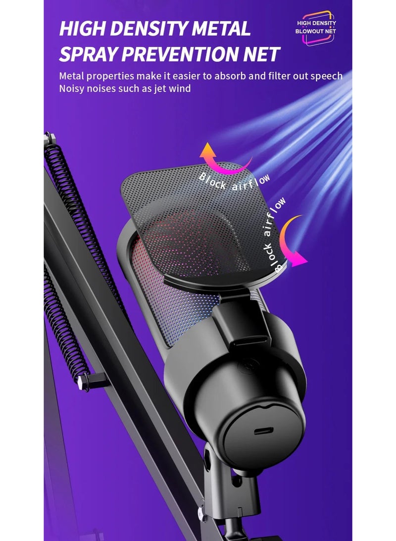 حزمة ميكروفون الألعاب الاحترافي ZFSZ M8 USB - ميكروفون مكثف RGB مزود بحامل ذراع قابل للتعديل، وحامل مقاوم للاهتزاز، وفلتر صوت، وميزة التوصيل والتشغيل للكمبيوتر الشخصي/PS5/Mac، وجودة استوديو للبث المباشر والبودكاست - Image 2
