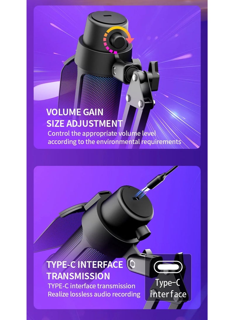 حزمة ميكروفون الألعاب الاحترافي ZFSZ M8 USB - ميكروفون مكثف RGB مزود بحامل ذراع قابل للتعديل، وحامل مقاوم للاهتزاز، وفلتر صوت، وميزة التوصيل والتشغيل للكمبيوتر الشخصي/PS5/Mac، وجودة استوديو للبث المباشر والبودكاست - Image 4