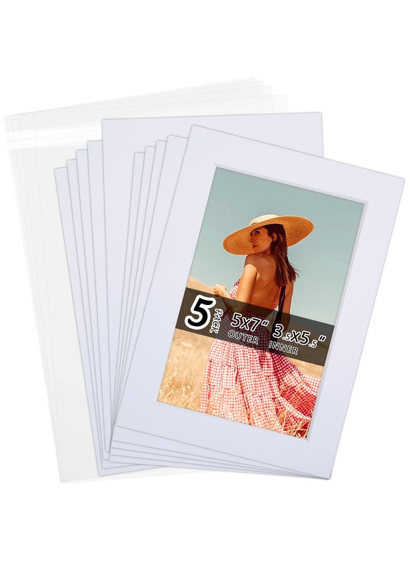 Falling In art Acid Free 5 Pack 5x7 PreCut Mat Board Show Kit for 4x6 Photos Prints or Artworks 5 Core Bevel Cut Matts and 5 Backing Boards and 5 Crystal Plastic Bags White 