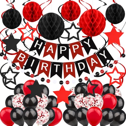 ZERODECO Black Red Birthday Decorations Happy Birthday Banner with Honeycomb Ball Hanging Swirl Streamer Garland Balloon Happy Birthday Party Decorations for Women Men Boys Girls - Image 1