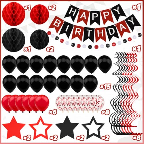 ZERODECO Black Red Birthday Decorations Happy Birthday Banner with Honeycomb Ball Hanging Swirl Streamer Garland Balloon Happy Birthday Party Decorations for Women Men Boys Girls - Image 5