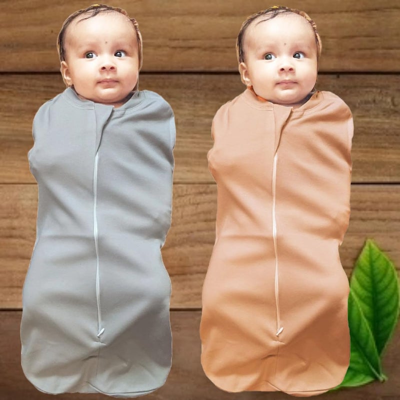 MammaChamp MammaChamp POD Zipper Swaddle Sleeping Bag Blankets Wrap Sack for Newborn Infant Baby 0-3 Months (Pack-of 2) (Biscui+Grey)  - Image 2