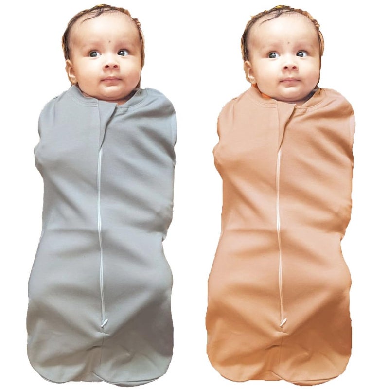 MammaChamp MammaChamp POD Zipper Swaddle Sleeping Bag Blankets Wrap Sack for Newborn Infant Baby 0-3 Months (Pack-of 2) (Biscui+Grey)  - Image 1