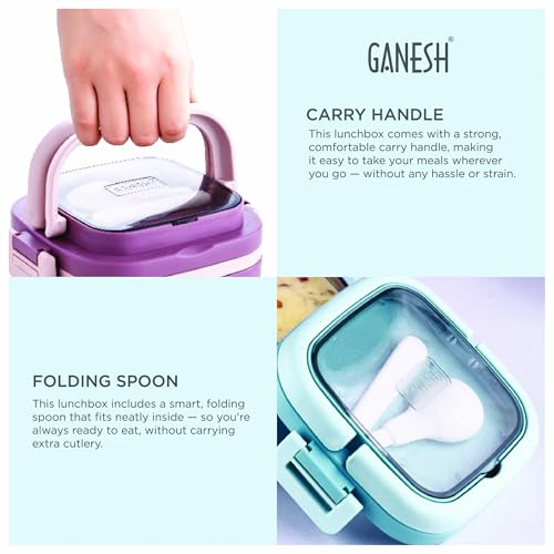 Ganesh 2 Compartment Cubex Insulated Food Container with Attractive Spoon - Airtight Leak-Proof Lunch Box for Office, School, Picnic 760ml- Green - Image 3