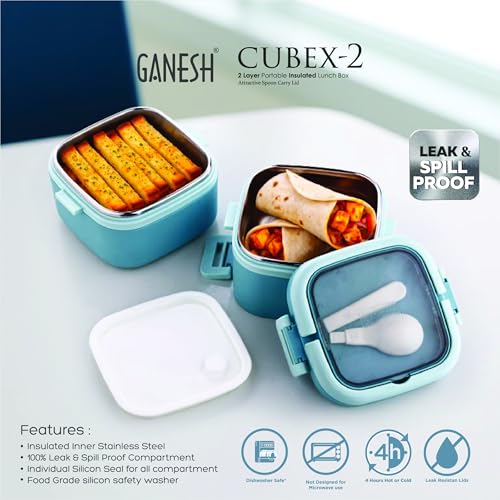 Ganesh 2 Compartment Cubex Insulated Food Container with Attractive Spoon - Airtight Leak-Proof Lunch Box for Office, School, Picnic 760ml- Green - Image 2