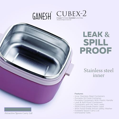 Ganesh 2 Compartment Cubex Insulated Food Container with Attractive Spoon - Airtight Leak-Proof Lunch Box for Office, School, Picnic 760ml- Green - Image 5