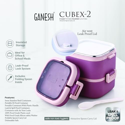 Ganesh 2 Compartment Cubex Insulated Food Container with Attractive Spoon - Airtight Leak-Proof Lunch Box for Office, School, Picnic 760ml- Green - Image 4