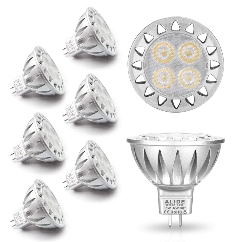 ALIDE لمبات LED MR16 GU5.3 5W 4000K بيضاء محايدة/طبيعية، تعادل 20W-35W هالوجين، لمبات MR16 جهد منخفض 12V للإضاءة الخارجية، غير قابلة للتعتيم، 450lm، 38 درجة، عبوة 6 - Image 1